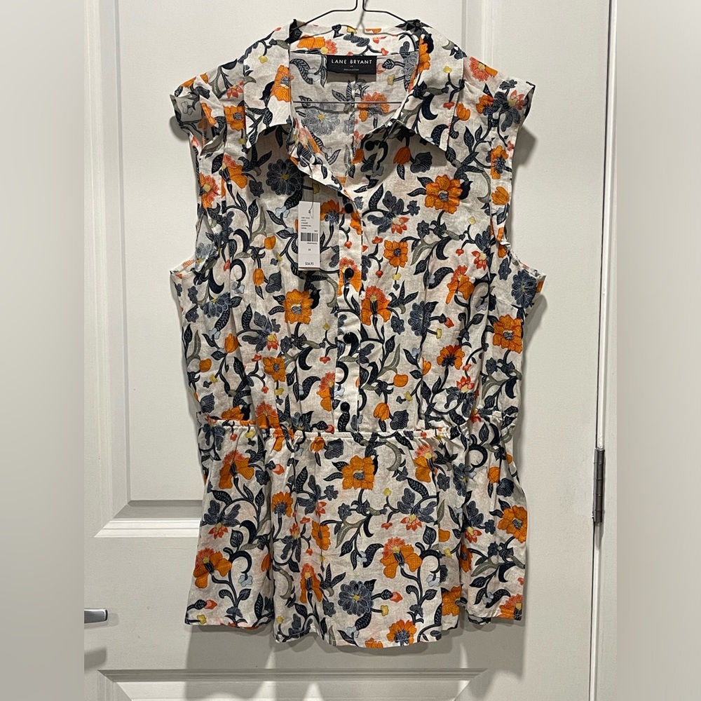 New Lane Bryant Linen Blend Spring Floral Top No-Peek Illusion Collection Sz 14
